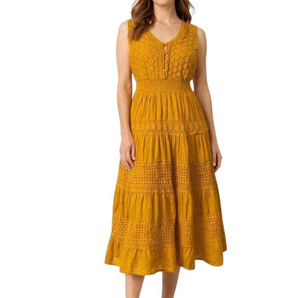 NAOO Nation AK Outfits Womens 2X Mustard Yellow Boho Tiered Crochet Midi Dress